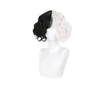 WELLHY Cosplay Wig Movie Cruella Wigs Half Black Half Milk White Short Curly Heat Resistant Hair Cruella de Vil Cosplay Wig + Wig Cap Halloween for Coser