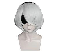 WELLHY Cosplay Wig NieR:Automata 2B Yorha No. 2 Type B Heroine Short Silver White Bobo Heat Resistant Cosplay Costume Wig (not Include Eye Patch) for Coser