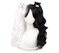 WELLHY Cosplay Wig Women's Cosplay Wig Black White Costume Wig Long Wavy Curly Hair Wig Halloween Party with 2 Bears for Coser