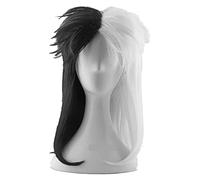 WELLHY Deville Cruella De Vil Cosplay Wigs Half White Half Black Heat Resistant Synthetic Hair Wig + Wig Cap Coser Wig