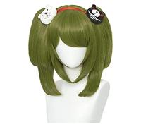 WELLHY Green Wig + 2 Bear Clips Anime Pigtails Cosplay Wig for Monaca Towa with Detachable Ponytails Lolita Hair with Bangs for Halloween Party + Cap Coser Wig