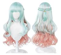 WELLHY Kuon Shinzaki Wig High Rise Invasion Cosplay Wig Long Blue Curly Wig with Bangs Light Blue Pink Gradient Wavy Wig Accessories Coser Wig
