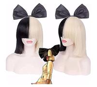 WELLHY Wig Sia Costume Wig 2 Tone Half Blonde Black Bob Wig with Black Bow Premium Quality Synthetic Hair SIA Cosplay Wigs Coser Wig
