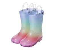 Wellies for Kids Girls Wellies Glitter Rainbow Gradient Waterproof Wellington Boots with Easy on Handles Gradient Color Child Welly Boots Easy Pull on Rainy Rain Shoes Footwear