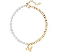 Wellike Half Pearl Half Cuba Chain Necklace with Initials Stainless Steel PVD 18K gold Pendant Choker Chunky Gold Necklace with Gift Box, Standard, Pearl, glass pearl