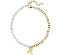 Wellike Half Pearl Half Cuba Chain Necklace with Initials Stainless Steel PVD 18K gold Pendant Choker Chunky Gold Necklace with Gift Box, Standard, Pearl, glass pearl