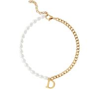 Wellike Half Pearl Half Cuba Chain Necklace with Initials Stainless Steel PVD 18K gold Pendant Choker Chunky Gold Necklace with Gift Box, Standard, Stainless Steel, glass pearl