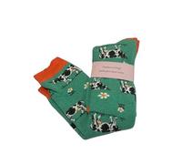 Wellington Boot Socks, Green with Cow and Daisy Print, Orange Trim