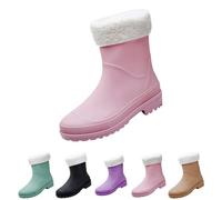 Wellington Womens Mid Calf Rain Boots Comfortable Chelsea Boots with Plush Lining Ladies Non-Slip Waterproof Outdoor Slip-On Work Shoes for Fishing, Gardening Pink