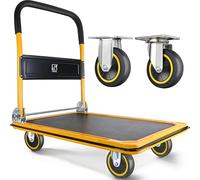 Wellmax Push Cart Dolly by | Functional moving platform + hand truck | Foldable for easy storage + 360-degree swivel wheels + 660lb weight capacity | Yellow colour
