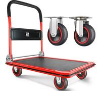 Wellmax Push Cart Dolly by | Functional moving platform + hand truck | Foldable for easy storage + 360-degree swivel wheels + 660lb weight capacity | Red colour