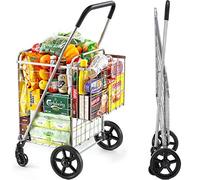 Wellmax Shopping Cart with Wheels, Metal Grocery Cart with Wheels, Shopping Carts for Groceries, Folding Cart for Convenient Storage and Holds Up to 66lbs, Dual Swivel Wheels and Extra Basket, Silver
