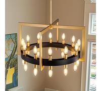 Wellmet Modern Black Brass Pendant Light, 24-Light Drum-Square Chandelier, Brass Gold Industrial Chandelier, for Living Room, Bedroom, Dining Room, Kitchen, Hallway, Entry, 28''W