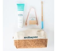 Wellnesse Essential Travel Oral Care Set - Compact Toothbrush Kit with Hydroxyapatite Toothpaste - Adult Toothbrush with Copper Tongue Scraper - Eco-Friendly Cork - Cotton Travel Pouch - Mint Flavor