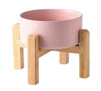 Welloyed 6'' Ceramic Raised Dog Bowl - 30Oz Dog Food & Water Bowl with Elevated Non-Slip Bamboo Stand, Dishwasher & Microwave Safe, Anti Vomiting Heavy Duty Pet Bowl for Small and Medium Dogs, Pink