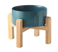 Welloyed 6'' Ceramic Raised Dog Bowl - 30Oz Dog Food & Water Bowl with Elevated Non-Slip Bamboo Stand, Dishwasher & Microwave Safe, Anti Vomiting Heavy Duty Pet Bowl for Small and Medium Dogs, Green