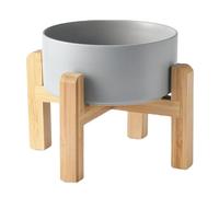 Welloyed 6'' Ceramic Raised Dog Bowl - 30Oz Dog Food & Water Bowl with Elevated Non-Slip Bamboo Stand, Dishwasher & Microwave Safe, Anti Vomiting Heavy Duty Pet Bowl for Small and Medium Dogs, Grey