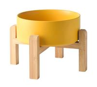Welloyed 8'' Ceramic Raised Dog Bowl - 70Oz Dog Food & Water Bowl with Elevated Non-Slip Bamboo Stand, Dishwasher & Microwave Safe, Anti Vomiting Heavy Duty Pet Bowl for Medium and Large Dogs, Yellow