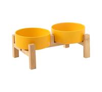 Welloyed Elevated Ceramic Dog Bowl Set - Raised Dog Bowls with Non Slip Bamboo Stand, Food and Water Bowl Set for Kitty, Cats and Toy Breed Dogs, Pet Bowls, Dogs Dishes (5.1'', 2 * 16OZ, Yellow)