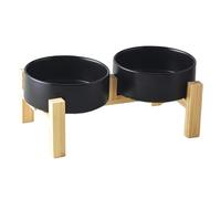 Welloyed Elevated Ceramic Dog Bowl Set - Raised Dog Bowls with Non Slip Bamboo Stand, Food and Water Bowl Set for Kitty, Cats and Toy Breed Dogs, Pet Bowls, Weighted Dogs Dishes (5.1'', 2*16OZ, Black)