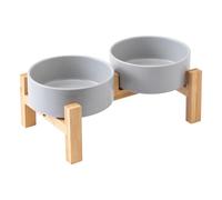 Welloyed Elevated Ceramic Dog Bowl Set - Raised Dog Bowls with Non Slip Bamboo Stand, Food and Water Bowl Set for Kitty, Cats and Toy Breed Dogs, Pet Bowls, Weighted Dogs Dishes (5.1'', 2*16OZ, Grey)