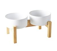 Welloyed Raised Ceramic Dog Bowl Set - Elevated Dog Bowls with Non Slip Bamboo Stand, Food and Water Bowl Set for Small and Medium Breed Dogs, Pet Bowls, Weighted Dogs Dishes (6'', 2 * 30OZ, White)