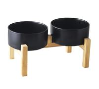 Welloyed Raised Ceramic Dog Bowl Set - Elevated Dog Bowls with Non Slip Bamboo Stand, Food and Water Bowl Set for Small and Medium Breed Dogs, Pet Bowls, Weighted Dogs Dishes (6'', 2 * 30OZ, Black)