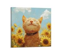 WELLPOSTER Chill Cat with Sunflowers Posters Artful Canvas Prints Wall Art Trippy Painting Abstract Wall Decor for Living Room16x16inch(40x40cm) Frame-style