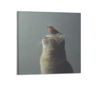 WELLPOSTER Chill Cute Cat And A Brid Posters Artful Canvas Prints Wall Art Trippy Painting Abstract Wall Decor for Living Room24x24inch(60x60cm) Frame-style