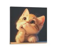 WELLPOSTER Cute Thinking Cat Posters Artful Canvas Prints Wall Art Trippy Painting Abstract Wall Decor for Living Room16x16inch(40x40cm) Frame-style