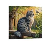 WELLPOSTER Tabby Cat with A Bird Posters Artful Canvas Prints Wall Art Trippy Painting Abstract Wall Decor for Living Room16x16inch(40x40cm) Frame-style