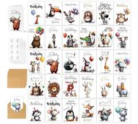 wellrun 32pcs Quirky Animal Birthday Cards Multipack with Kraft Envelopes,32 Unique Designs Happy Birthday Card Set for Men Women Teens Adults,14.8cm x 21cm