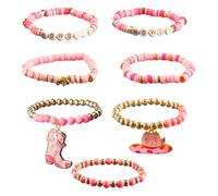 wellrun 7PCS Cowgirl Beaded Bracelets,Stackable Western Boho Stretch Bracelets with Cowgirl Hat and Boots,Gifts for Women,Girls,Country Music Fans(Pink)
