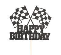 Wellrun Race Car Flag Cake Topper,Glitter Checkered Flag Cake Decoration,Happy Birthday Unique Racing Cakes Insert for Boys,Men Birthday Party