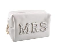 Wellrun White Bride Makeup Bag,Waterproof PU Travel Toiletry Organizer with Pearl Rhinestone Letters for Bachelorette Party Women Wedding Bridal(MRS)