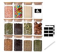Wells 12 Pack Glass Spice Jars with Bamboo Lid and Label, 6oz 170ml Square Glass Container, Small Food Storage Containers for Kitchen, Clear Empty Seasoning Jar for Sugar, Salt, Coffee Bean, Herb