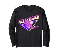 Wells Beach Maine 80s Retro Coastal ME Vacation Souvenir Long Sleeve T-Shirt