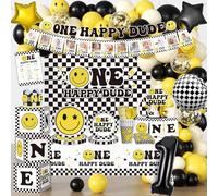 wellspar 245pcs One Happy Dude Birthday Decorations, All-in-1 One Happy Dude Supplies Pack with 20pcs Plates, Napkins, 2pcs Tablecloth, Balloon Arch for First Birthday Decorations for Boy, 20 Guests