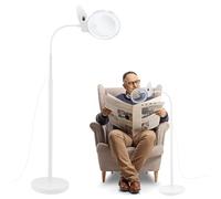WELLTE 5X Magnifying Glass with Light and Stand, 36 LED Dimmable Floor Magnifying Lamp,5 Color Modes, Stepless Dimmable Lamp, Adjustable Swing Arm Lighted Magnifier Lamp for Craft, Esthetic