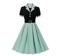 Wellwits Women's Black Bodice Button up Polka Dots Pleated Work Office Formal Cocktail 1950s Vintage Blazer Dress Christmas Green M