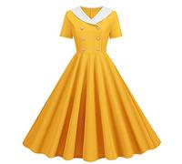 Wellwits Women's Blazer Collar Button Decor Formal Cocktail Vintage Dress Yellow S