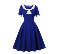 Wellwits Women's Bow Neck Color Block Cocktail Vintage Dress Blue 2XL
