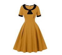 Wellwits Women's Bow Neck Color Block Cocktail Vintage Dress Yellow S