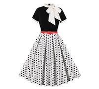 Wellwits Women's Bow Neck Polka Dots Formal Cocktail 50s Vintage Dress White L