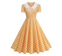 Wellwits Women's Bow Tie Lapel Collar Polka Dot 1950s Vintage Formal Work Dress White Dots in Yellow 2XL