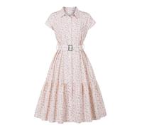 Wellwits Women's Button up Shirt Ruffle Ditsy Floral Print 1950s Vintage Dress Pink S