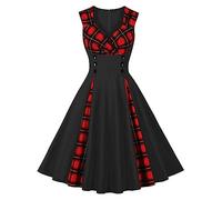 Wellwits Women's Diamond Neck Wrap Front Checkered Insert Button Decors Sleeveless Halloween Gothic Style Cocktail Formal 1950s Vintage Dress Black and Red 24