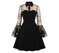 Wellwits Women's Embroidery Mesh Bell Sleeve Gothic Dress Floral in Black 2XL