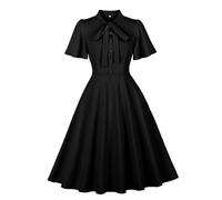 Wellwits Women's Flare Sleeves Bow Tie Neck Vintage Work Cocktail Dress Smart Black M