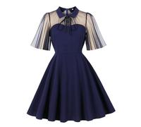 Wellwits Women's Flare Sleeves Mesh Illusion Short Vintage Cocktail Dress Navy L